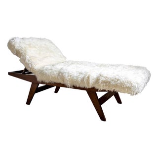 Large Mid-Century Wooden Daybed with Adjustable Headrest and Sheepskin Upholster For Sale