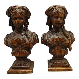 Pair of Antique Rustic European Hand Carved Wooden Busts Sculpture of Women For Sale