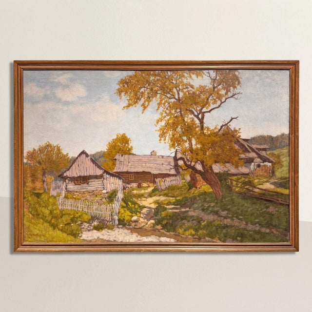 Titled 'In the Berkshires', this charming oil painting by Jane Bostwick captures a timeless autumnal moment in the rural...