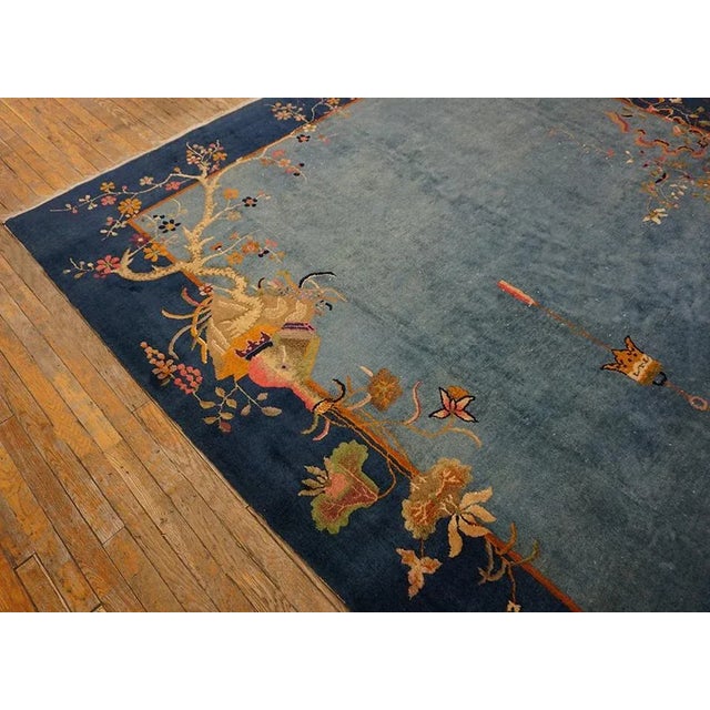 1920s Cornflowers Blue Minimalist Floral Antique Chinese Art Deco Carpet 8' X 9'9" Knotted Wool Rug For Sale In New York - Image 6 of 15