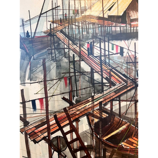 1960s Mid-Century Modern Thai Fishing Village Original Watercolor Painting by Sanga Mukmanee - Framed For Sale - Image 13 of 15