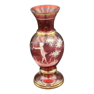 Ruby Red Mary Gregory–Style Enamel Vase With Gold Trim For Sale