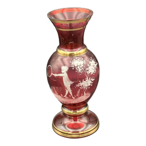 Ruby Red Mary Gregory–Style Enamel Vase With Gold Trim