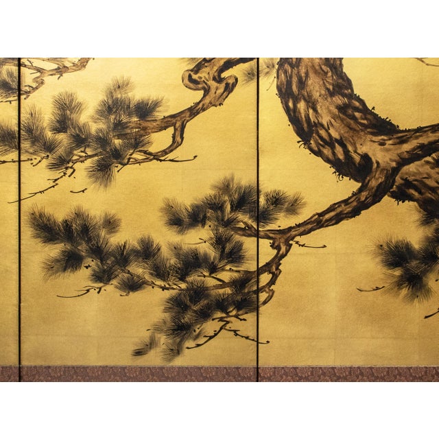 "Pine Tree" by Yukika, Late Showa Era Japanese Painted Byobu Screen For Sale In Dallas - Image 6 of 18