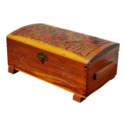Mid 20th Century Hand Carved Wooden Jewelry Box With Flower Decoration