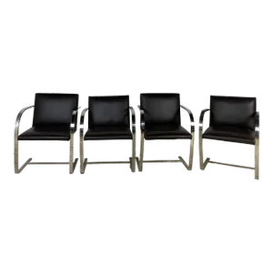 Vintage Knoll Stainless Flat Bar Brno Chairs in Dark Brown Leather - Set of 4