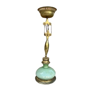 Mid-Century Pulley Pendant Lamp with Opaline Green Crystal and Brass, 1960s For Sale