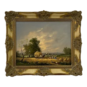 Gudrun Sibbons, Oil Painting of Country Harvest Scene with Horses & Figures by British Artist, 1960 Circa