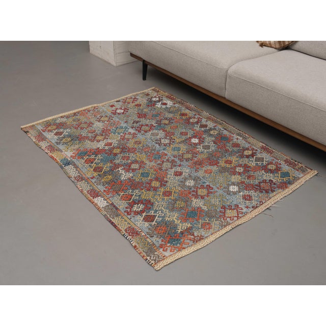Islamic 1970s Vintage Handmade Wool Cotton Blue Area Rug For Sale - Image 3 of 11