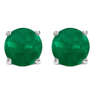 14K White Gold 5X5MM Round Green Emerald Solitaire Stud Earrings For Sale