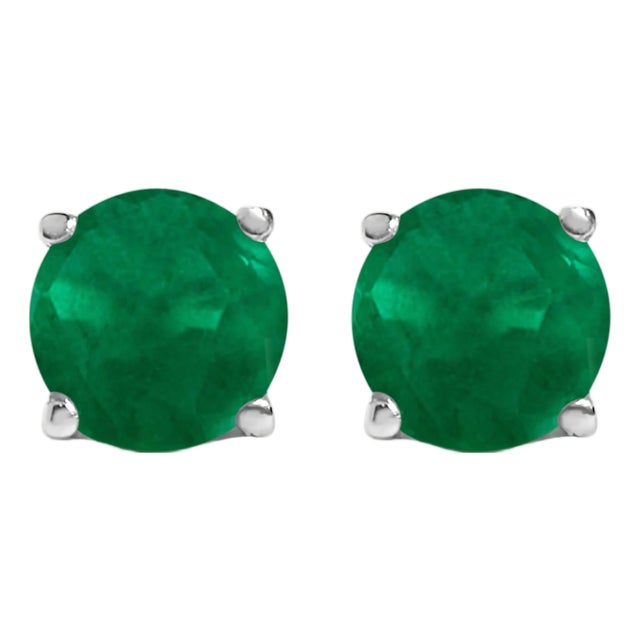 14K White Gold 5X5MM Round Green Emerald Solitaire Stud Earrings For Sale