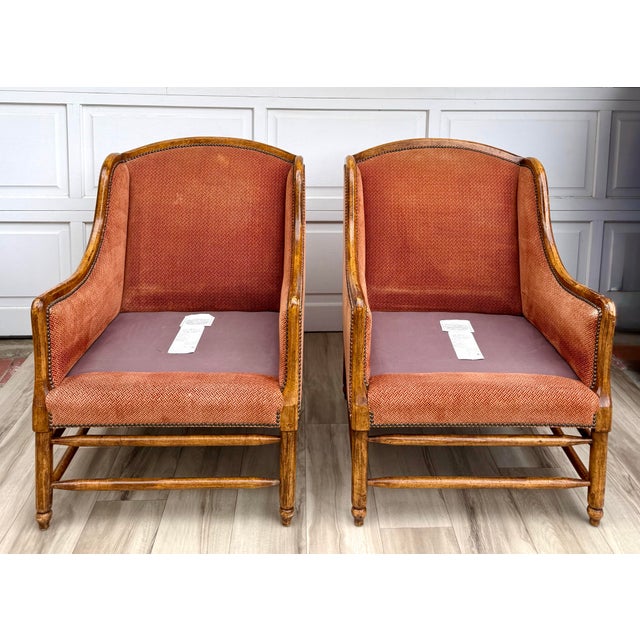 Pair of Vintage Cal-Mode French Walnut Lounge Chairs in Terracotta Upholstery For Sale - Image 12 of 16