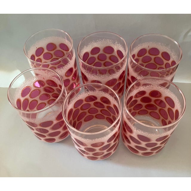 1960s 1960s Fun Cranberry Red Pink & Cream Polka Dots Medium Size Glasses Set of 6 For Sale - Image 5 of 9