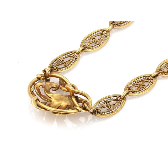 Seed Pearls Floral 18k Yellow Gold Fancy Link Pendant Necklace For Sale In Miami - Image 6 of 6
