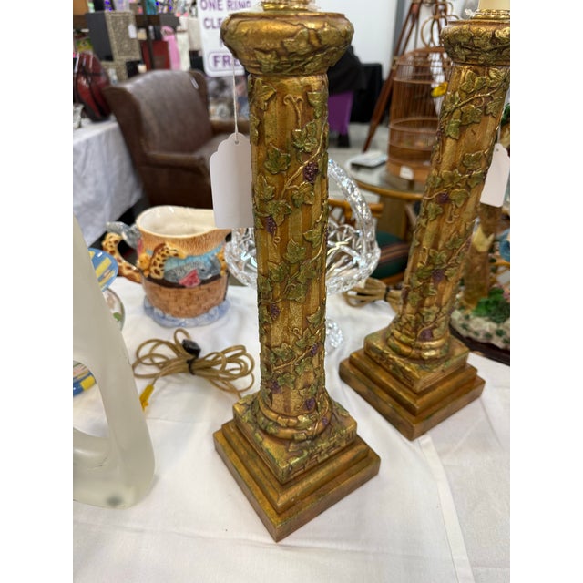 Pair of Vintage Fredrick Cooper Large Floral Column Table Lamps Rare Signed For Sale - Image 4 of 7