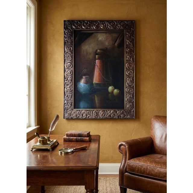 Vintage Realist Still Life Oil Painting With Copper Coffee Pot and Fruit, Signed J. Gardner For Sale - Image 11 of 12