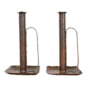 Roycroft Style Arts & Crafts Hammered Copper Handled Candlesticks, Pair