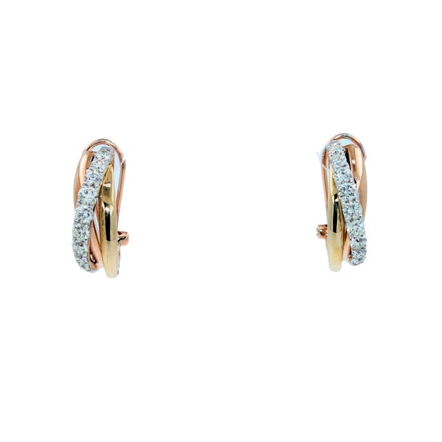 Round Shape Brilliant Cut White Diamonds Pave Set 14k Triple Tone White Yellow Gold Hinge Twist Huggie Hoop Fashion...