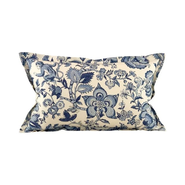 2020s Covington 5th Avenue Designs Blue Cream Botanical Floral Monkey Squirrel Toile Pillow Cover For Sale - Image 5 of 5