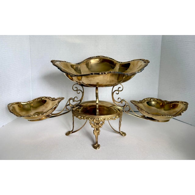 French Revival Brass Epergne Centerpiece With Three Scalloped Removable Bowls For Sale - Image 16 of 16