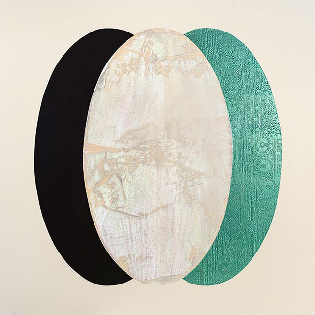 Rebecca Koury "Vertical Shift" Black Teal Ivory Ellipse Contemporary Abstract Painting, Acrylic and Mixed Media on Canvas, Carmel California Art, 2026 For Sale