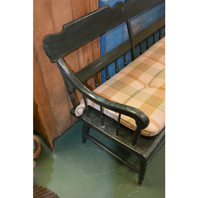 1960s Shabby Green Wood Long Deacon's Bench With Arms & Custom Cushion