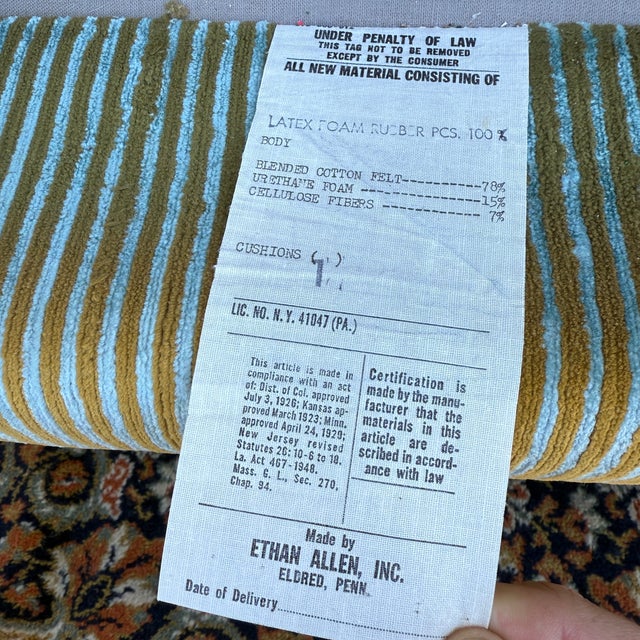 Wood Vintage Ethan Allen Traditional Chippendale Wingback Lounge Chair in Striped Olive Green For Sale - Image 7 of 17