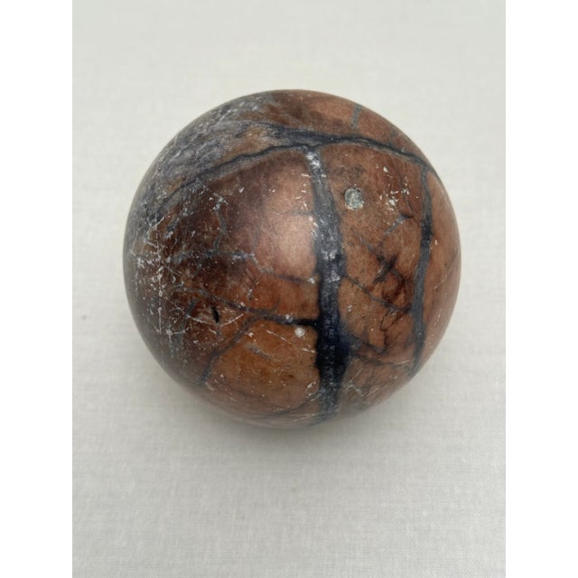Sienna Classical Greek Marble Orb Sphere on Brass Ram’s Head Stand For Sale - Image 8 of 12