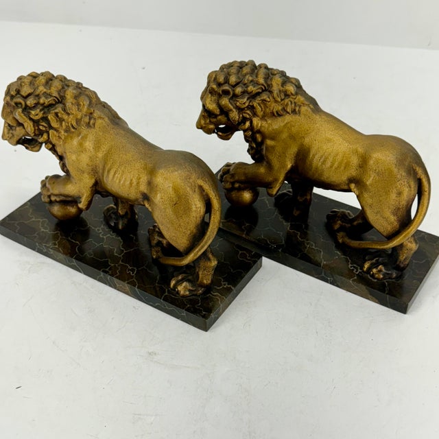 Bronze Pair of 1960s Lion Bookends on Faux Marble Bases For Sale - Image 8 of 12