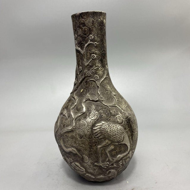 Metal Vintage Silver-Tone Bronze Vase With Crane and Pine Relief - Asian Decorative Object For Sale - Image 7 of 8
