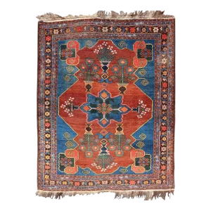 Antique n.w. Persian Rug With Geometrics in Terracotta Red, Royal Blue & Green
