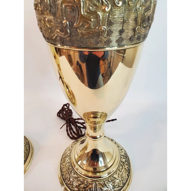 Brass Mid 20th Century James Mont Inspired Brass Urn Form Table Lamp Pair For Sale - Image 8 of 10