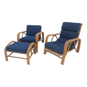 His & Hers Rattan Bamboo Mid Century Modern Lounge Chairs Ottoman - 3 Pieces