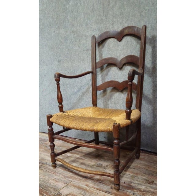 Rustic Armchair in Wood with Woven Straw Seat For Sale - Image 3 of 7