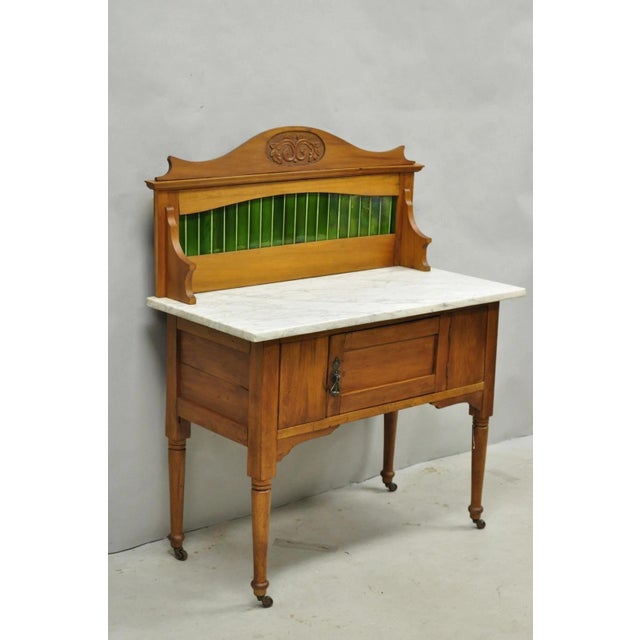 Arts & Crafts Antique English Arts & Crafts Birch Wood Green Tile Backsplash Washstand Server For Sale - Image 3 of 18