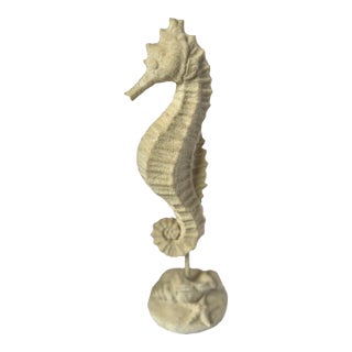 Large Coastal Sand-Textured Seahorse Sculpture on Shell Base, Nautical Beach House Decor, 14” For Sale