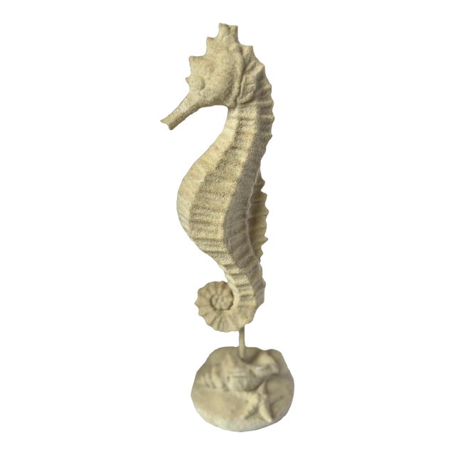 Large Coastal Sand-Textured Seahorse Sculpture on Shell Base, Nautical Beach House Decor, 14” For Sale
