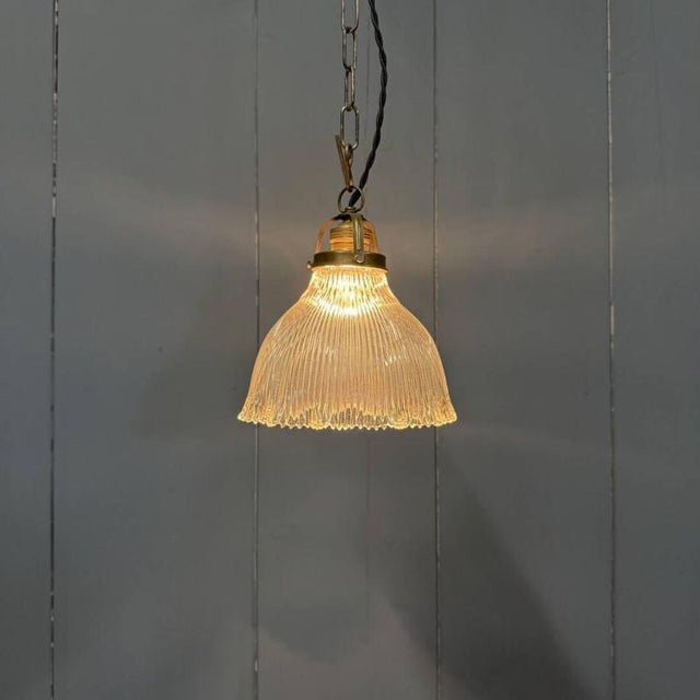 Small Pressed Glass Pendant Lamp with Brass Fixture from Holophane, 1930s For Sale - Image 3 of 17