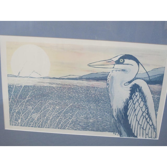 Pacific NW, Eugene, Oregon artist, Paul Otte, batik print in blue of a coastal Heron. Signed in Batik at lower right....