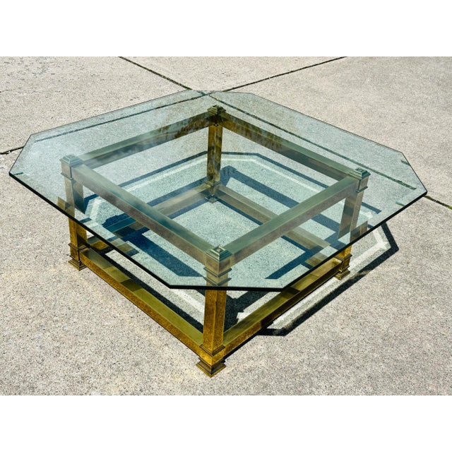 Mastercraft Mastercraft Attributed Mid-Century Modern Brass & Beveled Glass Coffee Table | Vintage Hollywood Regency Cocktail Table | 1970s Luxury Statement Piece For Sale - Image 4 of 8