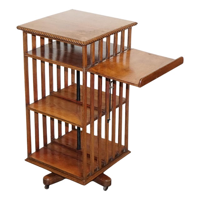 Antique Oak Revolving Bookcase with Folding Reading Stand For Sale