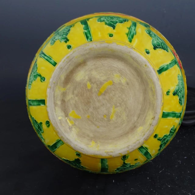 Art Deco Chinese Vintage Ceramic Vase,Ming Dynasty Yongle Marked Yellow Ground Famille Verte Porcelain Vase With Dragon Phoenix Relief For Sale - Image 3 of 7