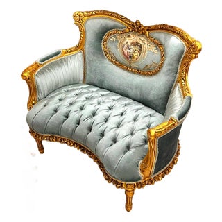 Elegant French Rococo Loveseat With Blue Damask Fabric & Gilded Louis XV Frame For Sale