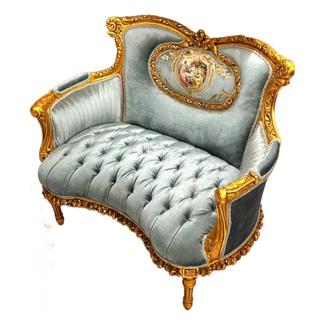 Elegant French Rococo Loveseat With Blue Damask Fabric & Gilded Louis XV Frame For Sale