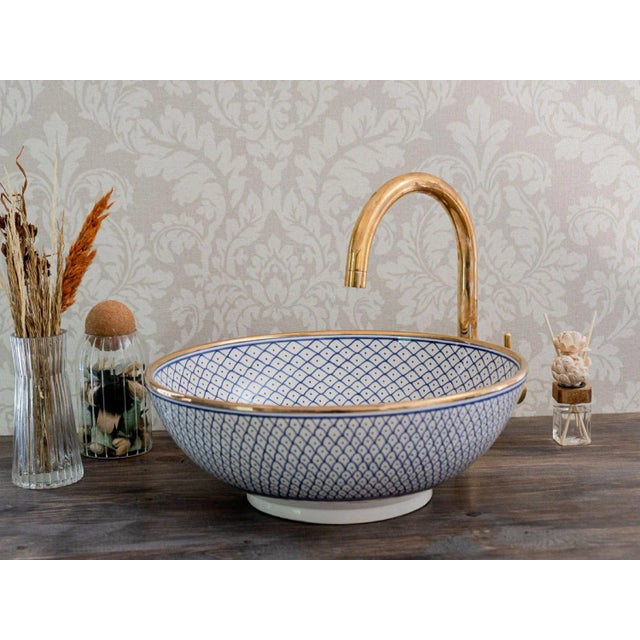 Ceramic 14k Gold Rim Handmade Top Bathroom Sink, Blue For Sale - Image 4 of 5