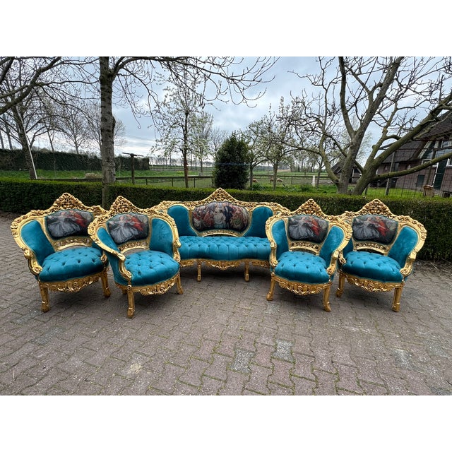 1900s French Louis XVI Blue/Green Velvet Beech Sofa Set 5pc For Sale - Image 18 of 18