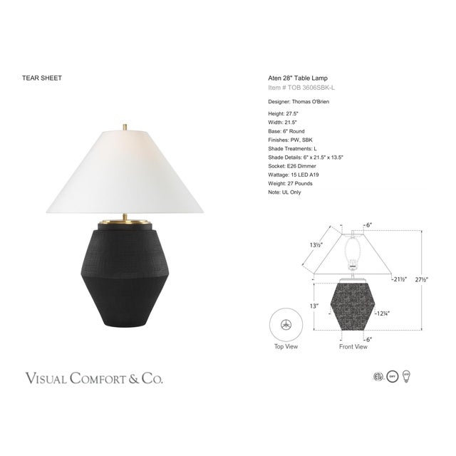 Thomas O'Brien by Visual Comfort Signature Aten 28" Table Lamp in Shadow Black with Linen Shade Designer: Thomas O'Brien...
