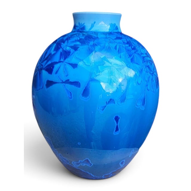 Glazed porcelain vase with blue crystallizations, signed Patrice Lusardi This magnificent ovoid porcelain vase with a...