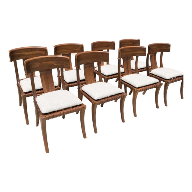 1980s Vintage Klismos Style Solid Walnut Dining Chairs - Set of 8 For Sale