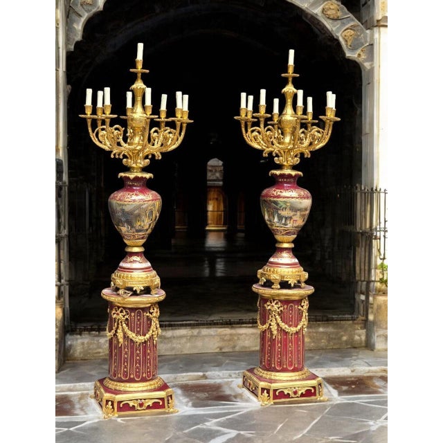 Metal 1960s Majestic Pair of Antique Sevres-Style Porcelain & Ormolu Candelabra Lamps on Pedestals 19th Century For Sale - Image 7 of 8